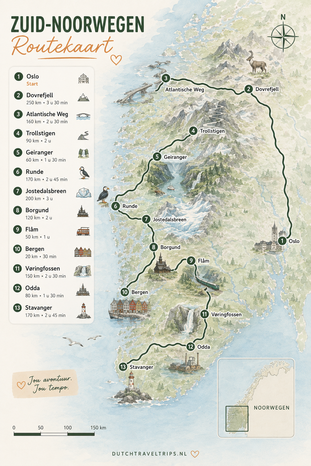 Route kaart Zuid-Noorwegen